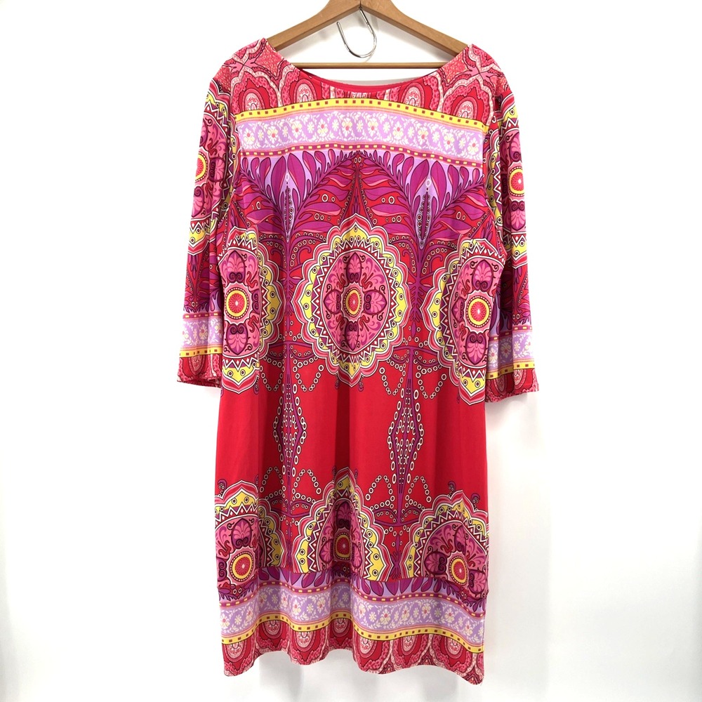 VTG Joseph Ribkoff Shift Dress Sz 20 Made in Canada Pink Bold Medallion Stretch